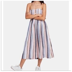 Free People Lilah Cotton Pastel Rainbow Striped Strapless Midi Dress Size M Boho